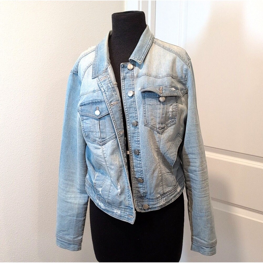Tinseltown Women's Light Blue Distressed Denim Jean Jacket With Pockets Size L